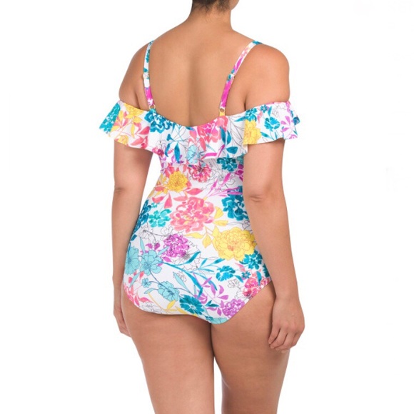 KENNETH COLE SwimSuit One-piece Tummy Control Ruffle Shoulder Floral Swim Wear - Picture 2 of 9